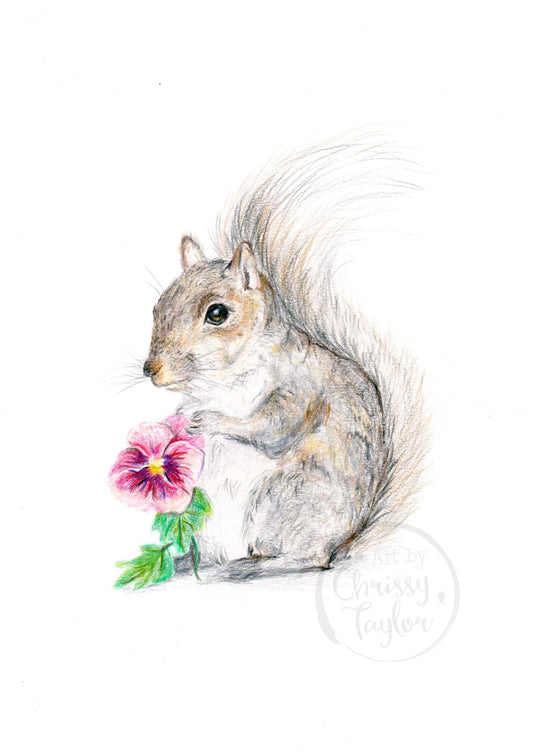 Illustration of a squirrel holding flowers on a white background
